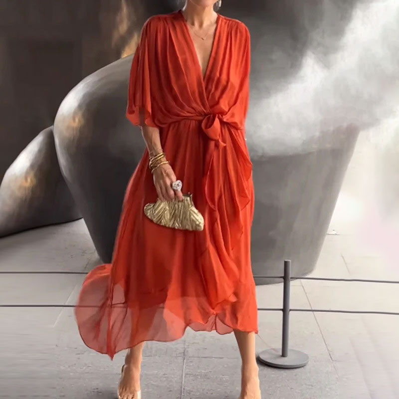 Aceline Wrap Dress for Women – Deep V-Neckline and Waist Belt for an Elegant Flattering Cut