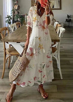 Kasey Summer Dress for Women – Long Light Dress with Floral Print, Waist Belt & Mid-Length Sleeves