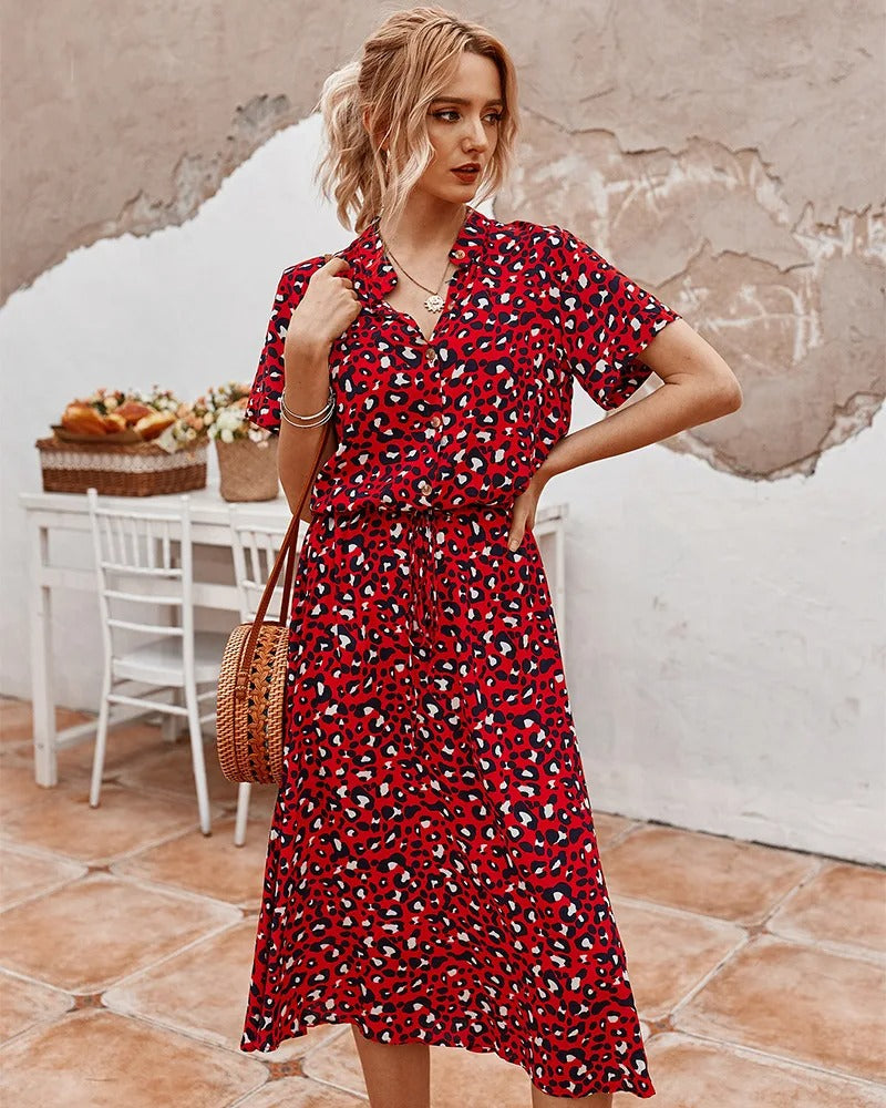 Ulvienne Summer Dress for Women – Short-Sleeve Midi Dress with Waist Belt & Trendy Print