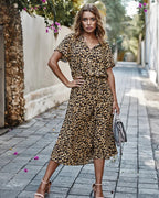 Ulvienne Summer Dress for Women – Short-Sleeve Midi Dress with Waist Belt & Trendy Print