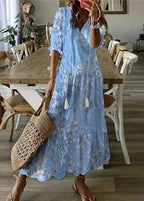 Kasey Summer Dress for Women – Long Light Dress with Floral Print, Waist Belt & Mid-Length Sleeves