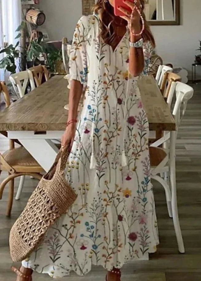 Kasey Summer Dress for Women – Long Light Dress with Floral Print, Waist Belt & Mid-Length Sleeves