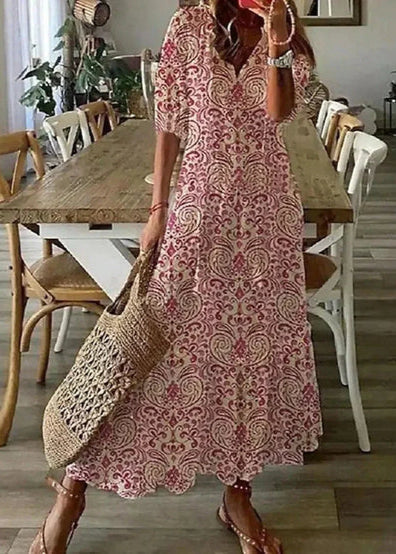 Kasey Summer Dress for Women – Long Light Dress with Floral Print, Waist Belt & Mid-Length Sleeves