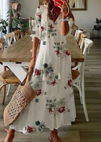 Kasey Summer Dress for Women – Long Light Dress with Floral Print, Waist Belt & Mid-Length Sleeves