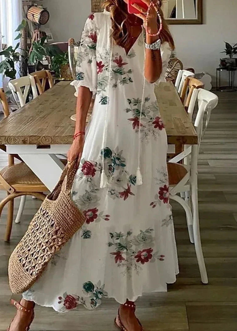 Kasey Summer Dress for Women – Long Light Dress with Floral Print, Waist Belt & Mid-Length Sleeves