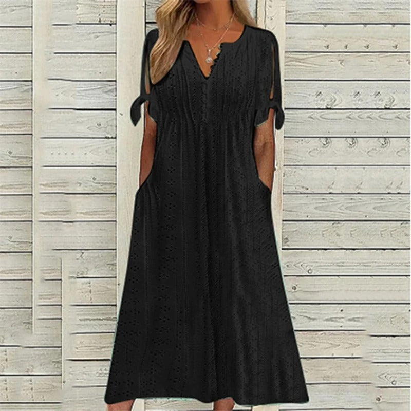 Mariah Summer Midi Dress for Women – Elegant V-Neck Dress in Light Eyelet Embroidery