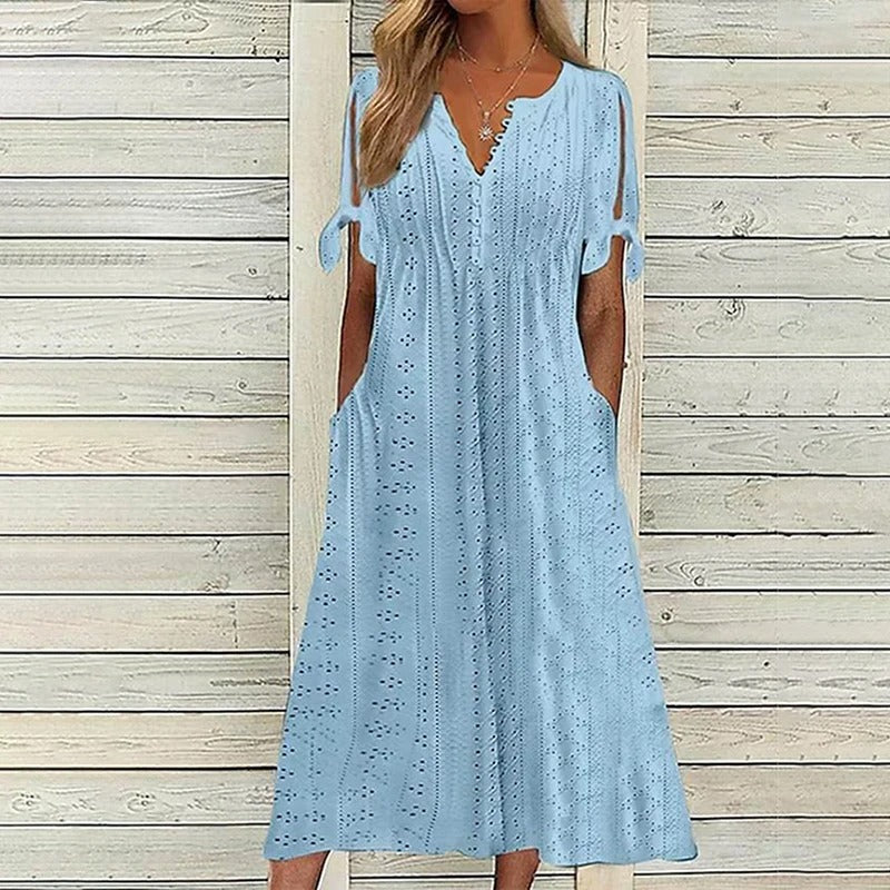Mariah Summer Midi Dress for Women – Elegant V-Neck Dress in Light Eyelet Embroidery