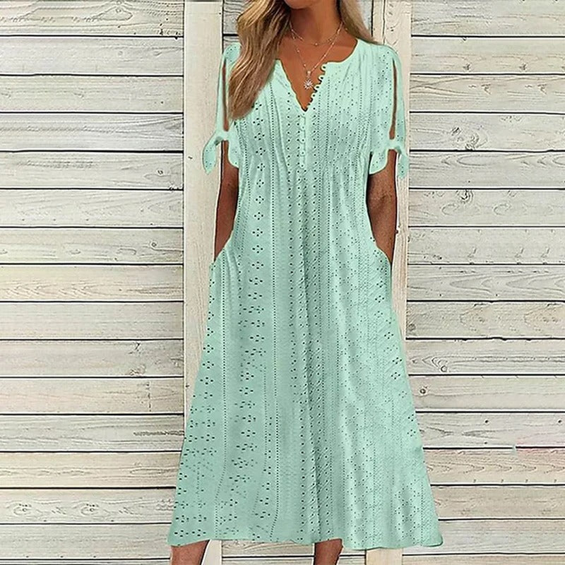 Mariah Summer Midi Dress for Women – Elegant V-Neck Dress in Light Eyelet Embroidery