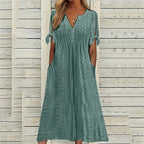 Mariah Summer Midi Dress for Women – Elegant V-Neck Dress in Light Eyelet Embroidery