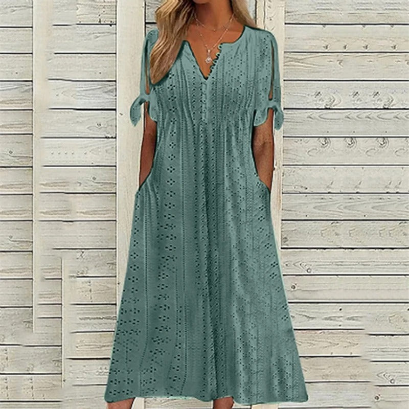 Mariah Summer Midi Dress for Women – Elegant V-Neck Dress in Light Eyelet Embroidery