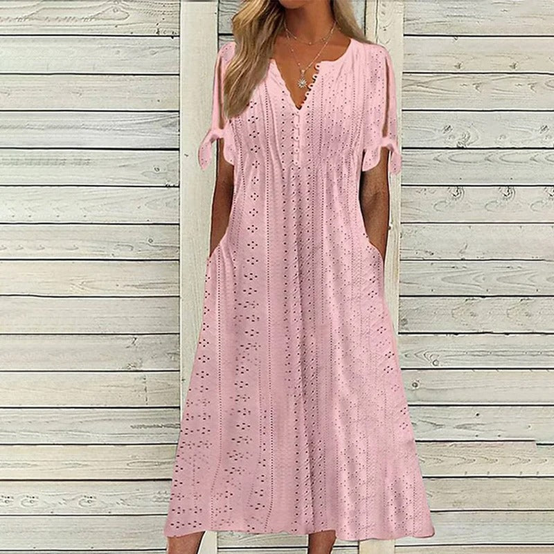 Mariah Summer Midi Dress for Women – Elegant V-Neck Dress in Light Eyelet Embroidery