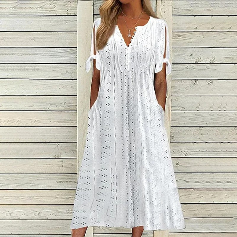Mariah Summer Midi Dress for Women – Elegant V-Neck Dress in Light Eyelet Embroidery